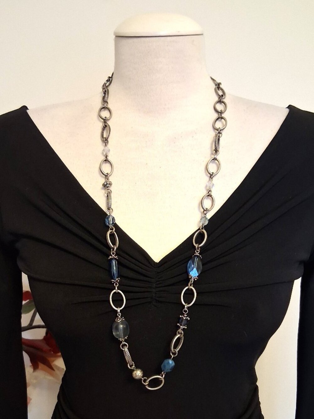 Vintage Oval Links Long Silver-Plated Necklace Blue Beads VTG Jewelry